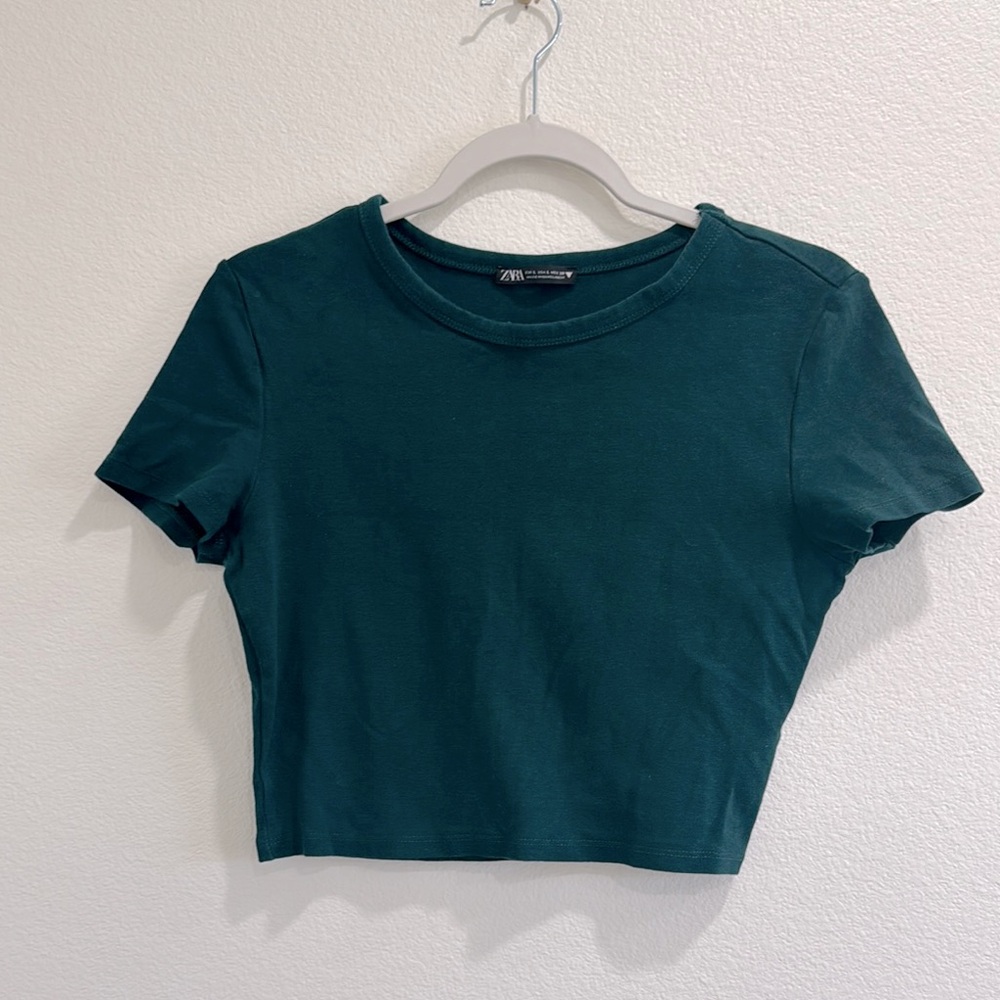 Zara Green Fitted Crop T-Shirt